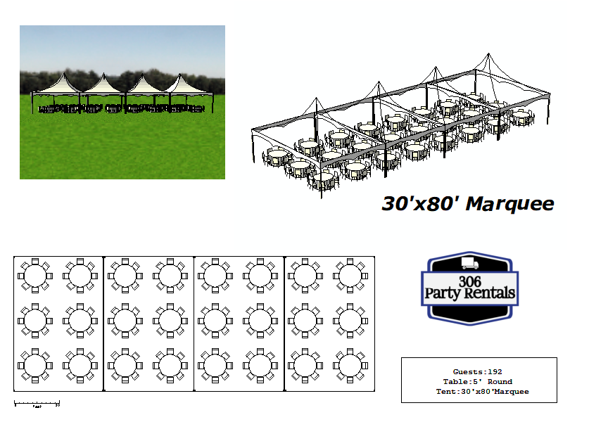 30' x 80' marquee tent rental saskatoon layout with 5' round tables